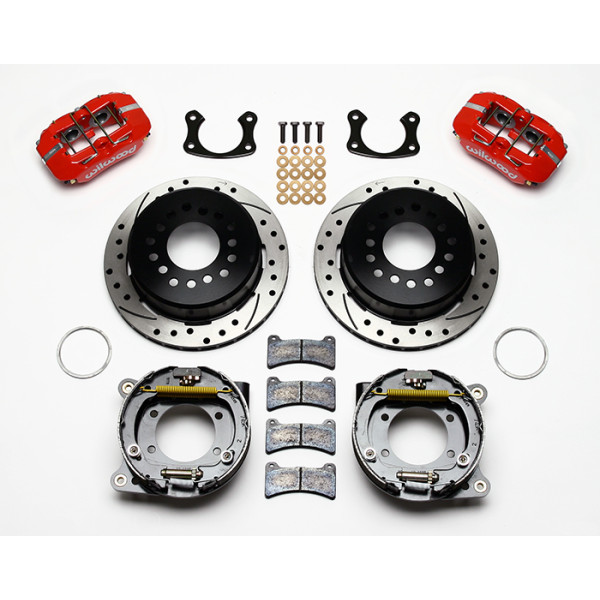 Forged Dynapro Low-Profile Rear Parking Brake Kit with Drilled and Slotted Rotors, Red