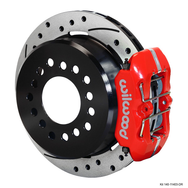 Forged Dynapro Low-Profile Rear Parking Brake Kit with Drilled and Slotted Rotors, Red