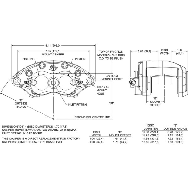 D52 Universal Floating Mount Caliper 2 Pistons Black