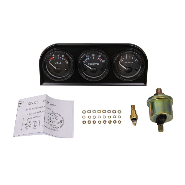 KET 52mm 3-in-1 Gauge Kit: Volt, Water Temp, Oil Pressure