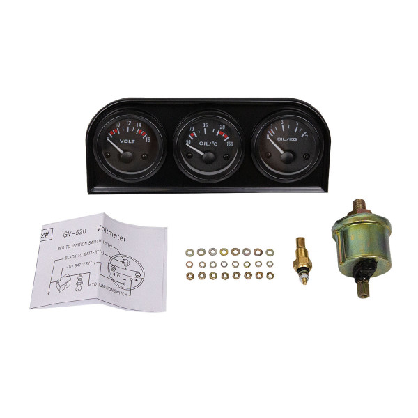 KET 52mm 3-in-1 Gauge Kit: Volt, Oil Temp & Pressure VDO Style