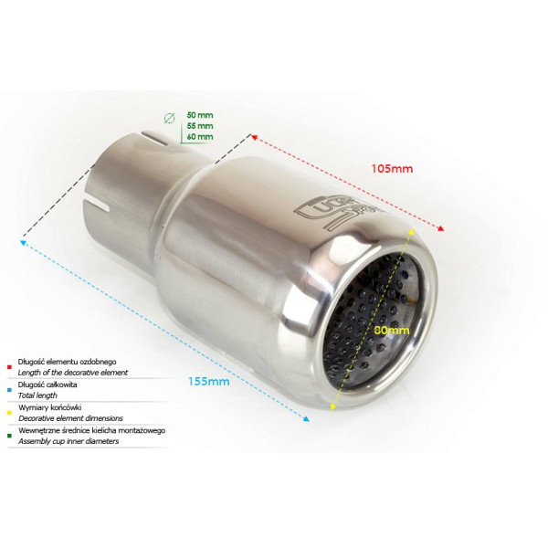 Universal Exhaust Tail Pipe Muffler Tip round 80mm lenght 110mm mounting diameter 50mm