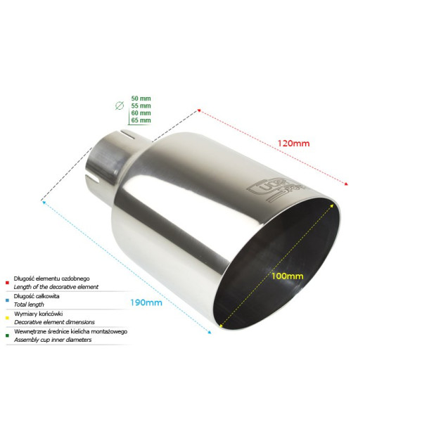 Universal Round Exhaust Tail Pipe Muffler Tip 100mm Length 120mm Mounting Diameter 65mm