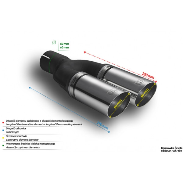 Universal Round Exhaust Tail Pipe Muffler Tip 60mm Diameter 220mm Length 55mm Mounting Diameter