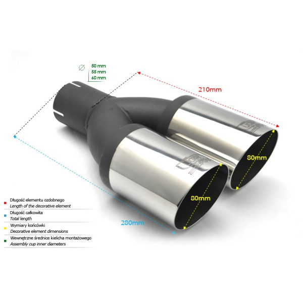 Universal Round Exhaust Tail Pipe Muffler Tip 80mm x 210mm with 50mm Mounting Diameter
