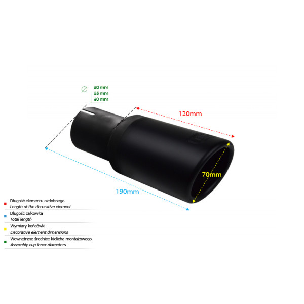 Universal Round Exhaust Tail Pipe Muffler Tip, 70mm Length, 120mm Mounting Diameter, 60mm