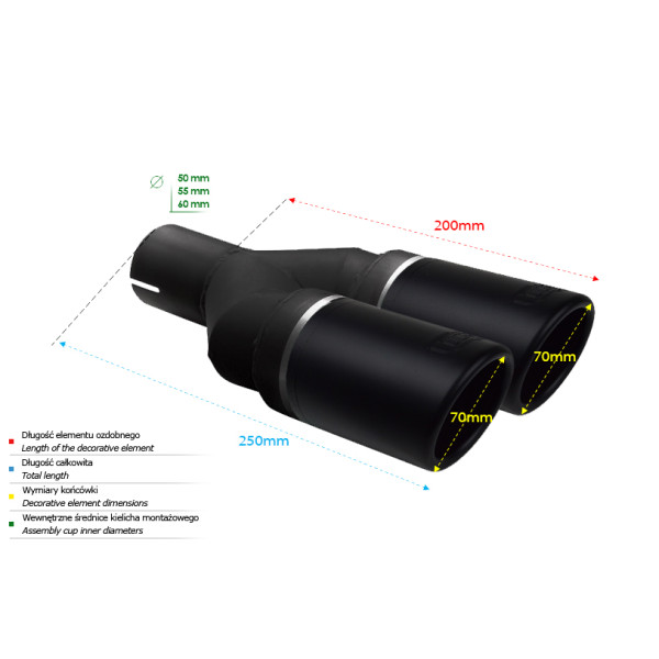 Universal Round Exhaust Tail Pipe Muffler Tip 70mm Length 200mm Mounting Diameter 55mm