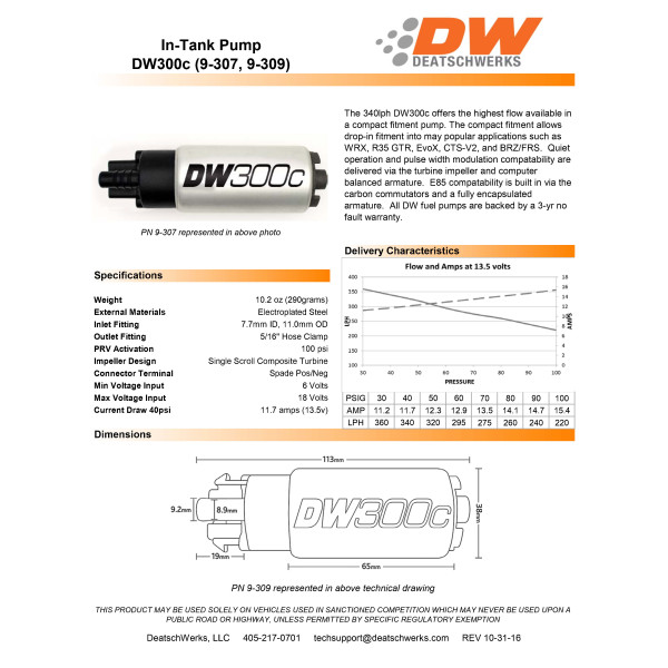 Fuel pump DeatschWerks DW300C 340 lph for 2012-2021 Subaru WRX BRZ Toyota 86 Scion FR-S 2013-16