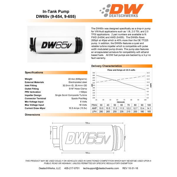 Fuel pump DeatschWerks DW65v 265 lph for VW and Audi 1.8t 3.2 AWD
