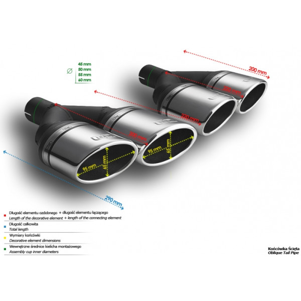 Universal Oval Exhaust Tail Pipe Muffler Tip 95×65mm Length 200/180mm Mounting Diameter 60mm